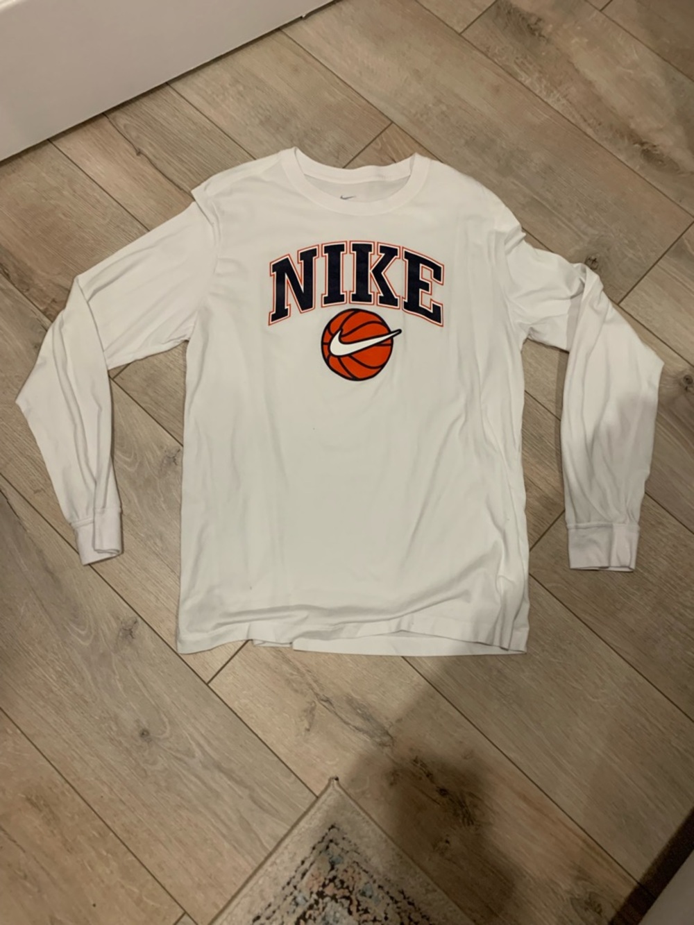 Nike White Long Sleeve Shirt with Orange Basketball Graphic